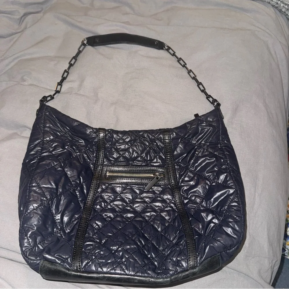 Tory Burch Alice Diamond Quilted Logo Hobo Bag Black Shoulder Handbag